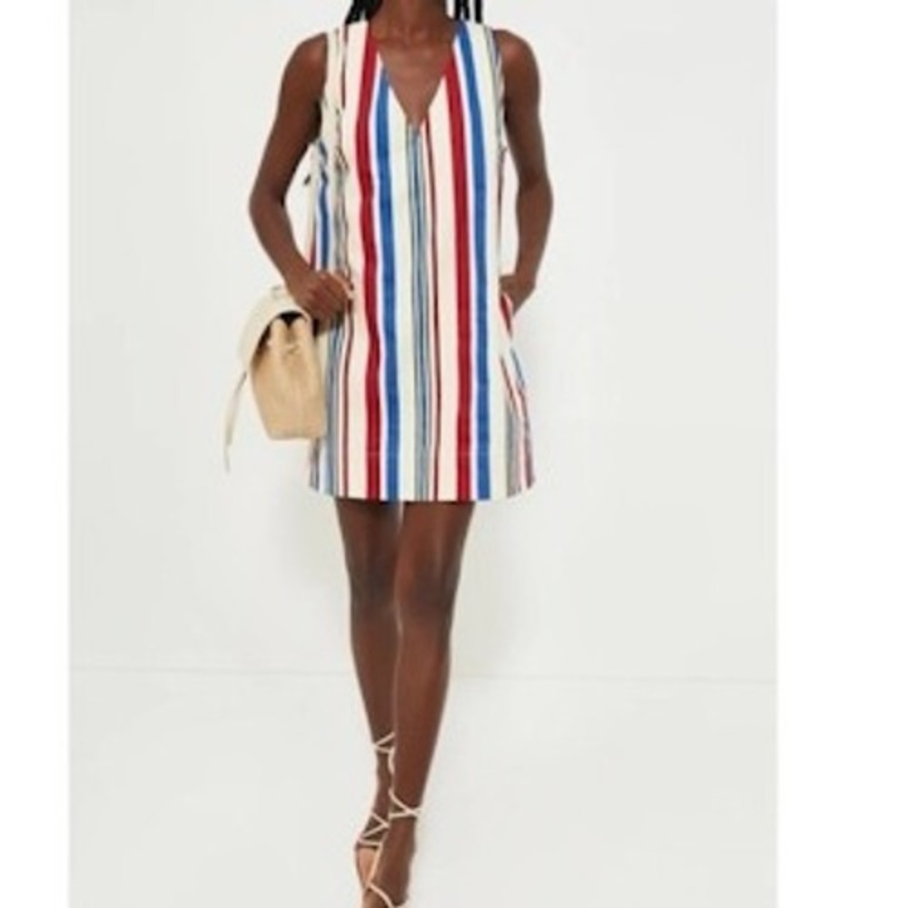 Pomander Place Striped V-Neck Mini Dress in Red, Blue & Cream Americana Dress